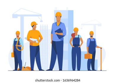 Construction team working on site. Builders, engineers, architects in helmets and overalls holding blueprints, toolkits, measuring tools. Vector illustration for building, engineering, labor