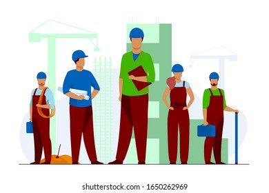 Equipo de construcción trabajando en el lugar. Constructores, ingenieros, arquitectos en cascos y vestíbulos con planos, herramientas, herramientas de medición. Ilustración de vectores para la construcción, la ingeniería y la mano de obra