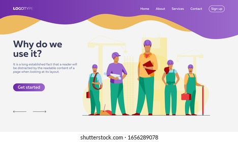 Equipo de construcción trabajando en el lugar. Constructores, ingenieros, arquitectos en cascos y vestíbulos con planos, herramientas, herramientas de medición. Ilustración de vectores para la construcción, la ingeniería y la mano de obra