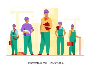 Construction team working on site. Builders, engineers, architects in helmets and overalls holding blueprints, toolkits, measuring tools. Vector illustration for building, engineering, labor