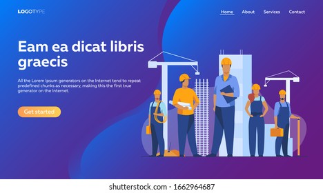 Construction team working on site. Builders, engineers, architects in helmets and overalls holding blueprints, toolkits, measuring tools. Vector illustration for building, engineering, labor