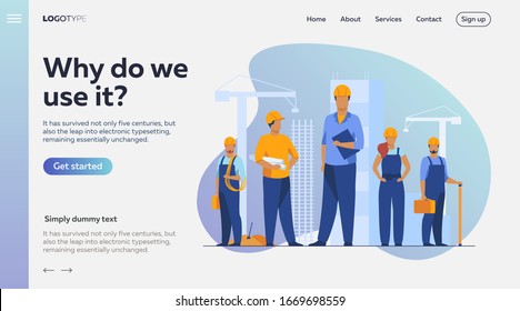 Construction team working on site. Builders, engineers, architects in helmets and overalls holding blueprints, toolkits, measuring tools. Vector illustration for building, engineering, labor