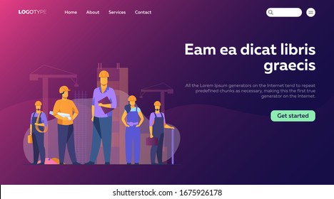 Equipo de construcción trabajando en el lugar. Constructores, ingenieros, arquitectos en cascos y vestíbulos con planos, herramientas, herramientas de medición. Ilustración de vectores para la construcción, la ingeniería y la mano de obra