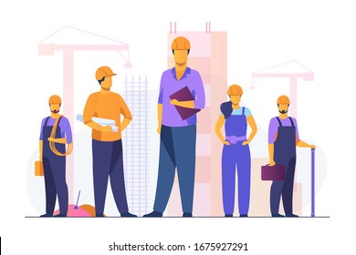 Construction team working on site. Builders, engineers, architects in helmets and overalls holding blueprints, toolkits, measuring tools. Vector illustration for building, engineering, labor