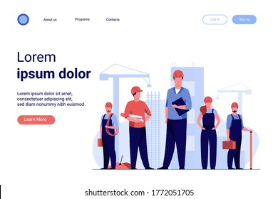 Construction team working on site. Builders, engineers, architects in helmets and overalls holding blueprints, toolkits, measuring tools. Vector illustration for building, engineering, labor