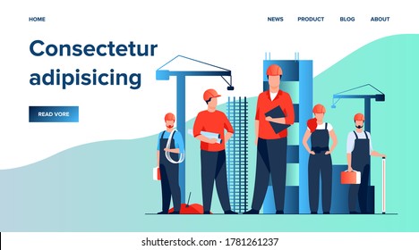 Construction team working on site. Builders, engineers, architects in helmets and overalls holding blueprints, toolkits, measuring tools. Vector illustration for building, engineering, labor