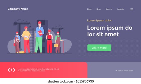 Construction team working on site. Builders, engineers, architects in helmets and overalls holding blueprints, toolkits, measuring tools. Vector illustration for building, engineering, labor