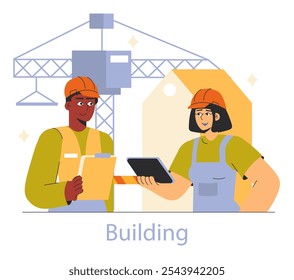 Construction teamwork illustration. Male and female engineers collaborate on a building site with crane in the background. Modern construction management scene. Vector illustration.