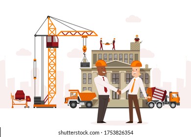 Construction Technic, Conclusion Agreement Between Businessmen Vector Illustration. Hoisting Crane At Facility, Builder Team Working Hard. Concrete Mixer And Large Truck Near Building, Repair.