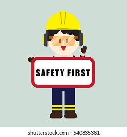 Construction ,Technician worker holding safety first sign, safety first, health and safety, vector illustrator