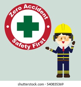 Construction ,Technician worker pointing zero accident sign, safety first, vector illustrator