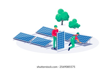 Construction technician workers installing solar panels. PV installation on flat ground. Connecting the renewable power energy system to grid. Clean electricity production from sun.