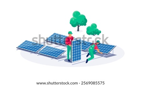 Construction technician workers installing solar panels. PV installation on flat ground. Connecting the renewable power energy system to grid. Clean electricity production from sun.