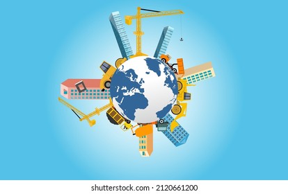 Construction technics and buildings around the 3d globe blue background vector