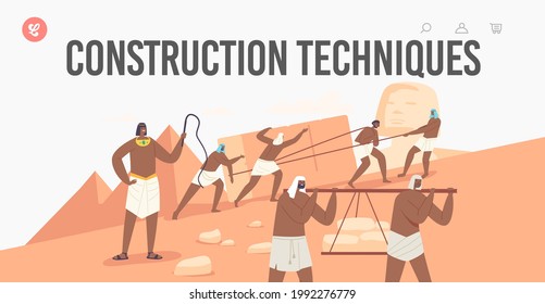Construction Techniques Landing Page Template. Slave Characters Building Egyptian Pyramids in Giza Desert. Master with Whip Managing Process. Ancient Civilization of Egypt. Cartoon Vector Illustration