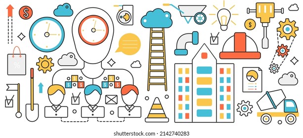 Construction technology. Abstract team of architects, engineer workers and contractors work on building project, time management and communication in infographic concept banner, thin line art design