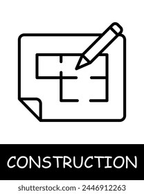 Construction, technology icon. Construction equipment, blueprint, draft, pencil, drawing, building. Industrial machinery, heavy duty vehicles, and tools for construction projects concept.