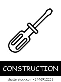 Construction, technology icon. Construction equipment, screwdriver, device, handle, building. Industrial machinery, heavy duty vehicles, and tools for construction projects concept.