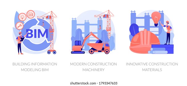 Construction technology innovation abstract concept vector illustration set. Building information modeling, modern construction machinery, new construction material, heavy equipment abstract metaphor.