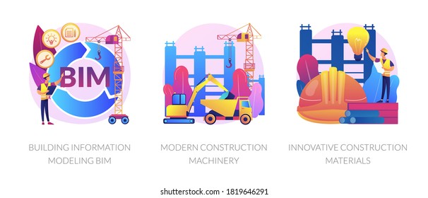 Construction technology innovation abstract concept vector illustration set. Building information modeling, modern construction machinery, new construction material, heavy equipment abstract metaphor.