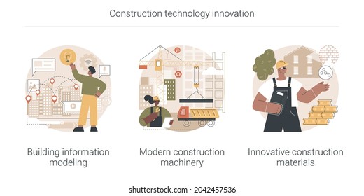 Abstraktes Konzept, Vektorgrafik-Set für Bautechnologie-Innovation. Die Modellierung von Gebäudeinformationen, moderne Baumaschinen, neues Baumaterial, abstrakte Metapher für schwere Geräte.
