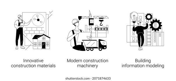 Construction Technology Innovation Abstract Concept Vector Illustration Set. Innovative Construction Materials, Modern Machinery, Building Information Modeling, Project Management Abstract Metaphor.