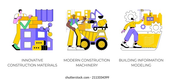 Construction Technology Innovation Abstract Concept Vector Illustration Set. Innovative Construction Materials, Modern Machinery, Building Information Modeling, Project Management Abstract Metaphor.