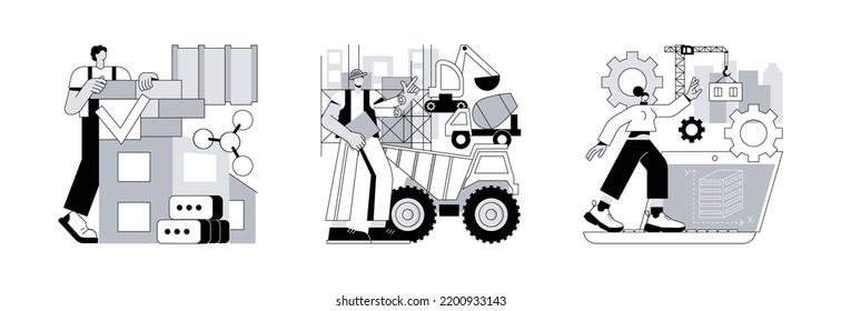 Construction technology innovation abstract concept vector illustration set. Innovative construction materials, modern machinery, building information modeling, project management abstract metaphor.