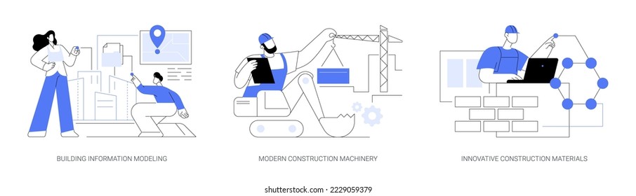 Innovación en tecnología de la construcción conjunto abstracto concepto de ilustración vectorial. Modelación de información de construcción, maquinaria moderna de construcción, nuevo material de construcción, metáfora abstracta de equipo pesado.