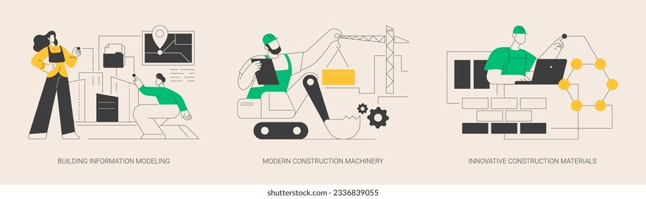 Abstraktes Konzept, Vektorgrafik-Set für Bautechnologie-Innovation. Die Modellierung von Gebäudeinformationen, moderne Baumaschinen, neues Baumaterial, abstrakte Metapher für schwere Geräte.