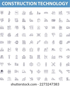 Construction technology line icons, signs set. Construction, Technology, Building, Engineering, Design, Robotics, Automation, Materials, Surveying outline vector illustrations.