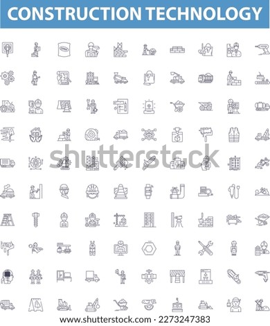Construction technology line icons, signs set. Construction, Technology, Building, Engineering, Design, Robotics, Automation, Materials, Surveying outline vector illustrations.