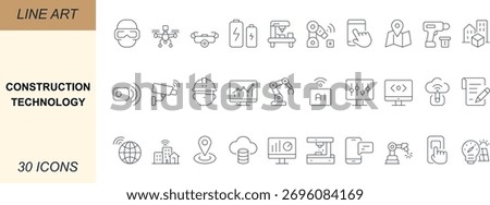 Construction technology out line icons with smart helmet, drone, robot, 3D printer, CNC, sensors, cloud, BIM, digital twin, and more. Perfect for apps, web, and UI projects.