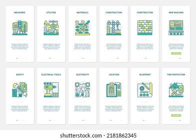 Construction technology vector illustration. UX, UI onboarding mobile app page screen set with line electricity and water supply, tools to construct and renovate buildings, security measures symbols