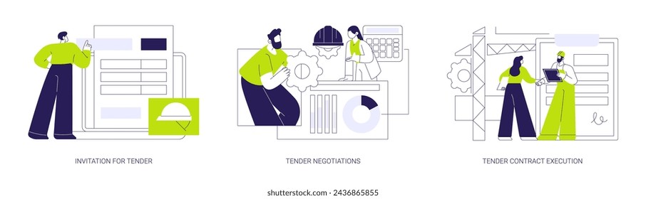 Conjunto de ilustración vectorial de concepto abstracto de licitación de construcción. Invitación a licitación, negociación de negocios y reunión de acuerdo, ejecución de contrato de construcción, buscar acuerdo metáfora abstracta.