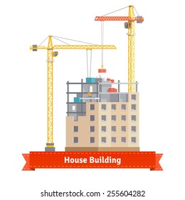 Construction of tenement house with two tower cranes lifting concrete slab and building materials. Flat style illustration or icon. EPS 10 vector.