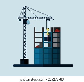 Construction of tenement house with two tower cranes lifting concrete slab and building materials. Flat style illustration or icon. EPS 10 vector.