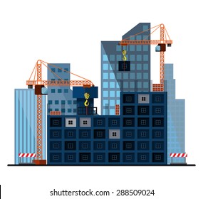 Construction of tenement house with two tower cranes lifting concrete slab and building materials. Flat style illustration or icon. EPS 10 vector.