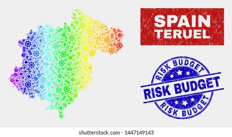 Construction Teruel Province map and blue Risk Budget distress stamp. Rainbow colored gradiented vector Teruel Province map mosaic of service units. Blue round Risk Budget stamp.