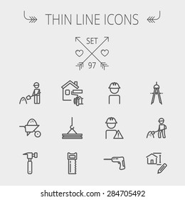 Construction thin line icon set for web and mobile. Set includes- compass, house sketch, man with hard hat, hammer drill, house paint, crane, hacksaw, hammer. Modern minimalistic flat design. Vector