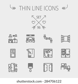 Construction thin line icon set for web and mobile. Set includes- pipeline, structure, door, window, appliances, furnitures, interiors, paintbrush. Modern minimalistic flat design. Vector dark grey