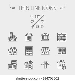 Construction thin line icon set for web and mobile. Set includes - museum, house with solar panel, bridge, building, bricks, hotel. Modern minimalistic flat design. Vector dark grey icon on light grey