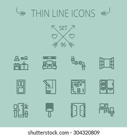 Construction thin line icon set for web and mobile. Set includes- pipeline, structure, door, window, appliances, furnitures, interiors, paintbrush. Modern minimalistic flat design. Vector dark grey