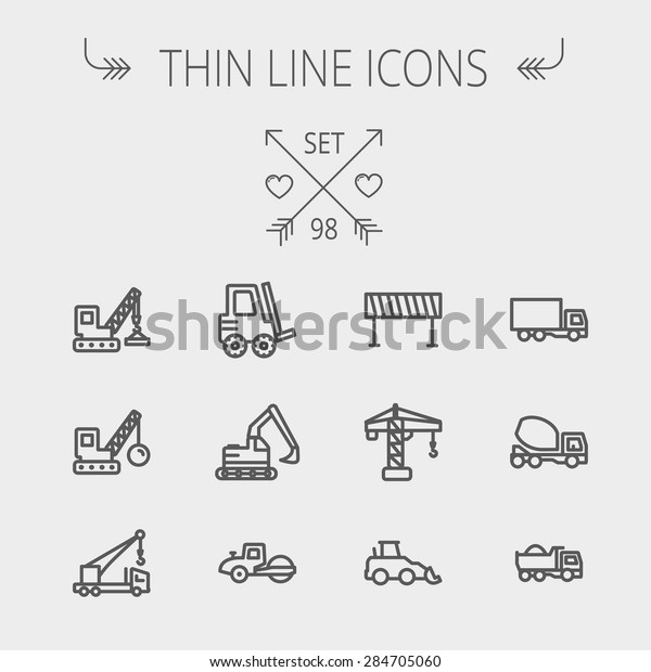 Construction thin line icon set for web and mobile.\
Set includes- forklift, road roller, cranes, dump truck, road\
barrier, delivery truck, mixer. Modern minimalistic flat design.\
Vector dark grey\
icon