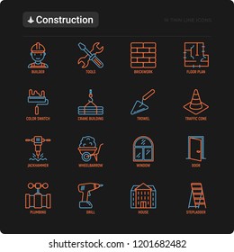 Construction thin line icons set: builder in helmet, work tools, brickwork, floor plan, plumbing, drill, trowel, traffic cone, building, stepladder, jackhammer, wheelbarrow. Modern vector illustration