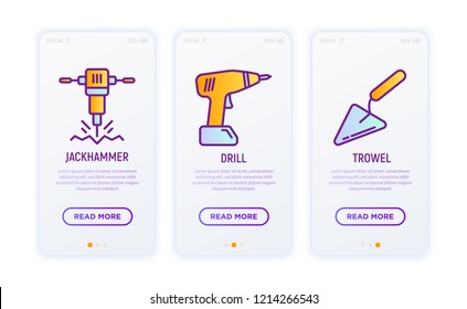 Construction thin line icons set: drill, trowel,  jackhammer. Modern vector illustration.