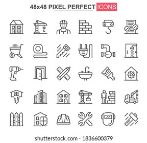 Juego de iconos de la línea delgada de construcción. Iconos de diseño únicos de flujo de trabajo y administración de sitios de construcción. La maquinaria y el equipo de construcción esbozan el conjunto de vectores. Paquete de pictograma lineal perfecto de 48x48 píxeles.