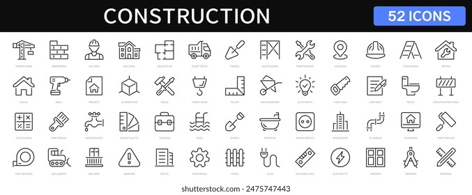 Symbole für dünne Linien der Konstruktion gesetzt. Bauherr, Konstruktion, Werkzeuge, Hausreparatur, Bau, Kransymbol Kollektion. Vektorgrafik 