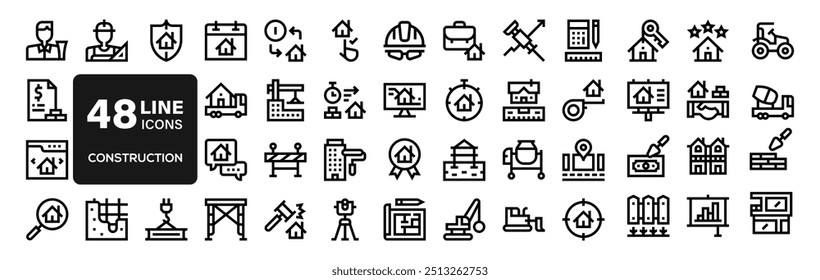 Construction thin line icons set. Builder, construction, tools, house repair, build, crane icon. Vector