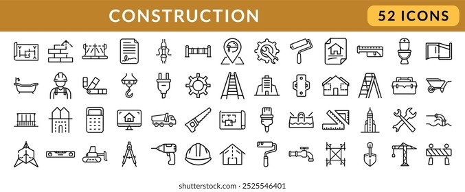 Construction thin line icons set Featuring Building Tools, Equipment, and Structures. Builder, construction, tools, house repair, build, crane icon. 